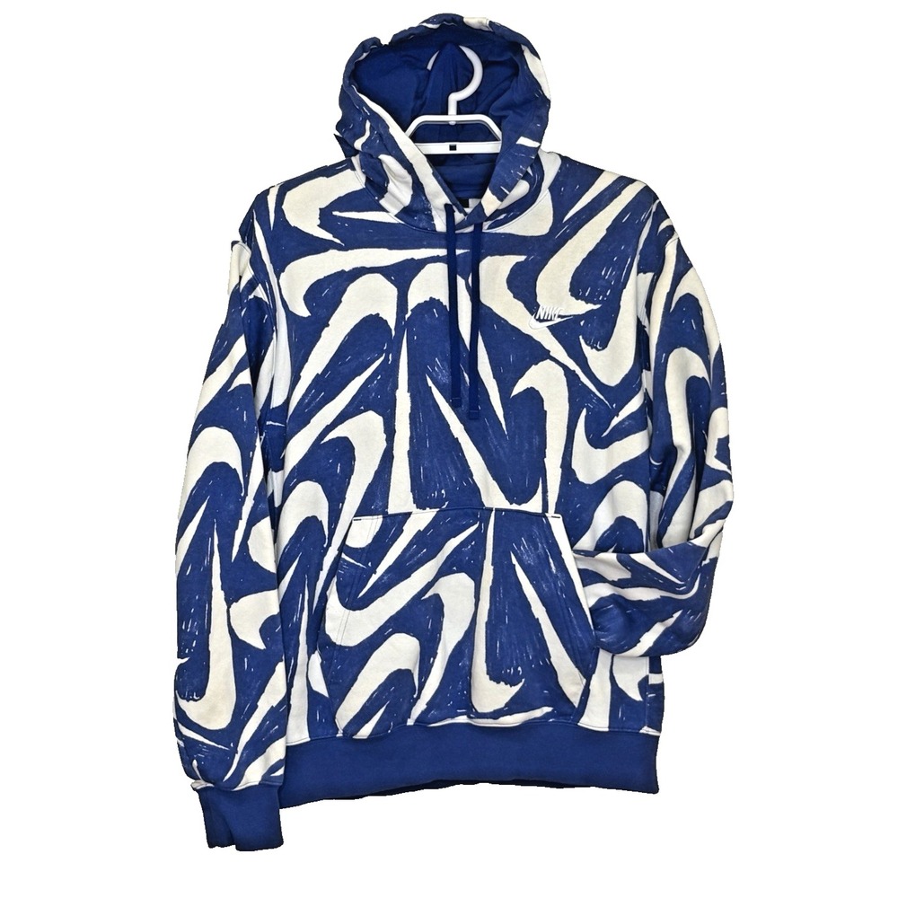 Nike Sportswear Club Hoodie Sweatshirt Mens Sz Medium Blue White All Over Swoosh